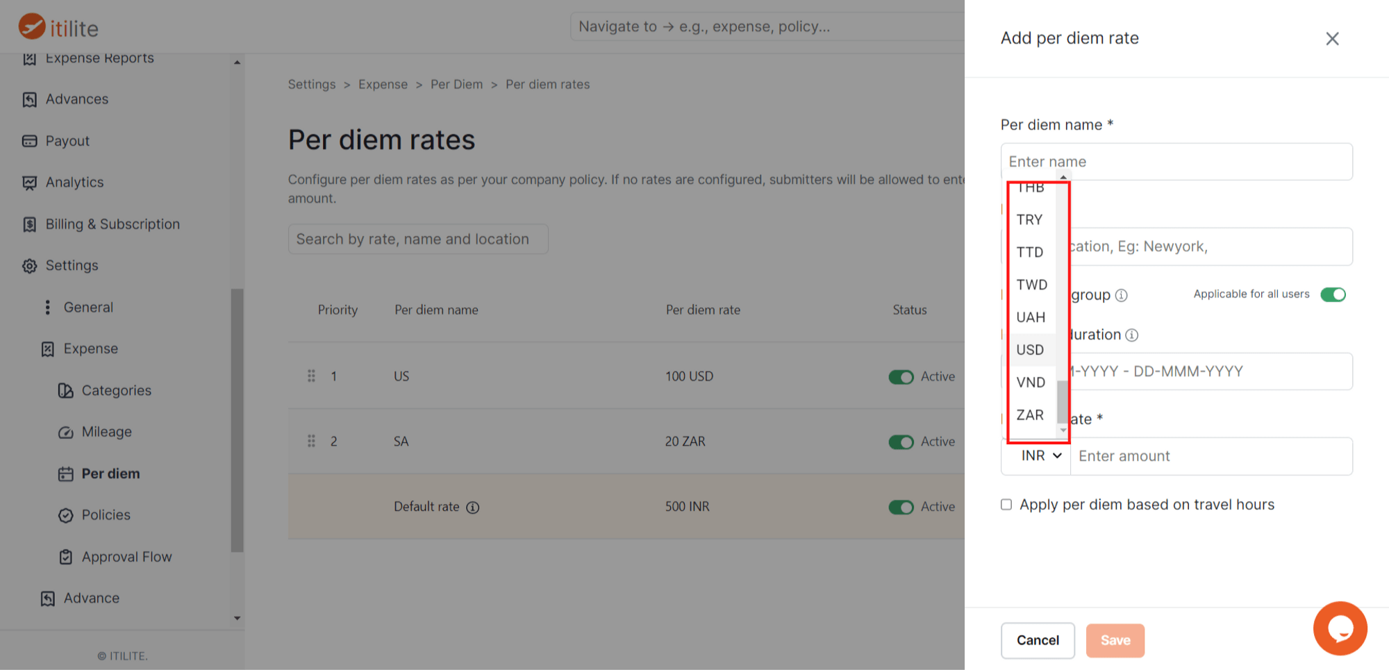 Per dim rates in different currencies